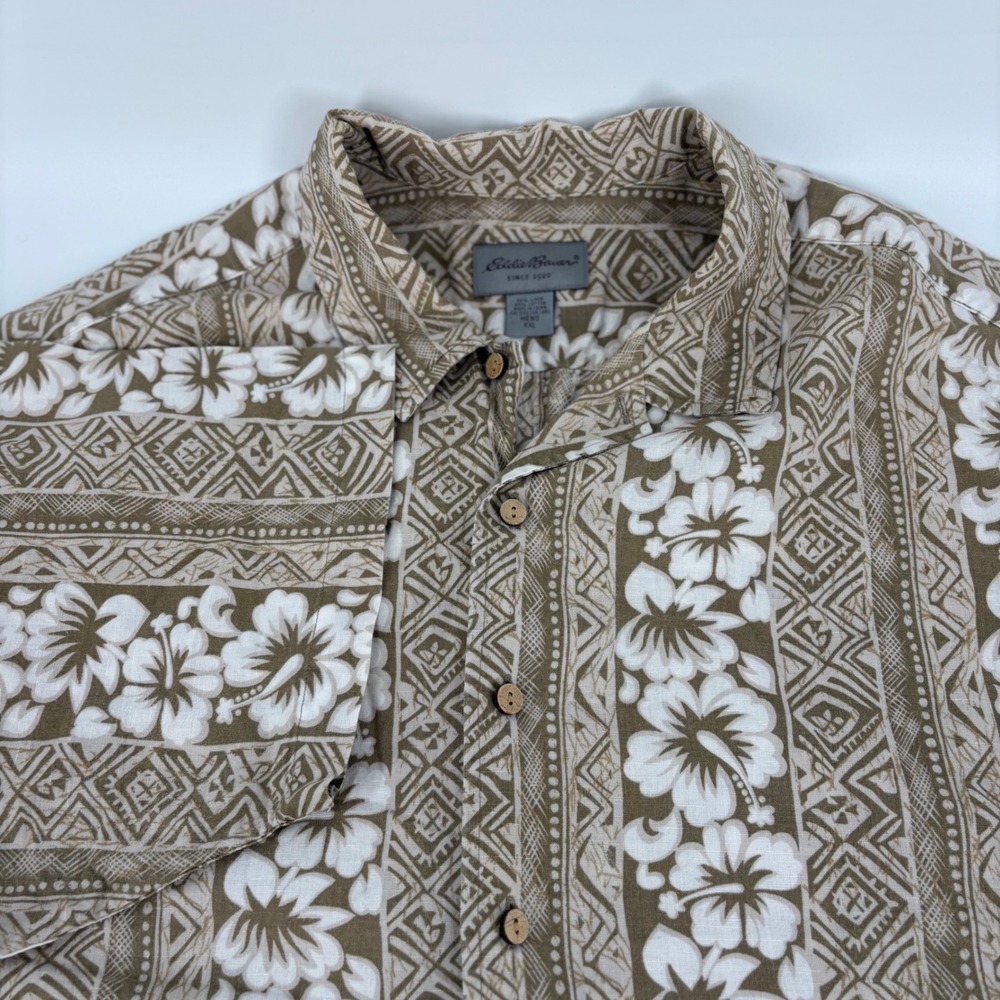 Eddie Bauer Mens XXL‎ Tan White Hibiscus Floral Linen Blend Aloha Camp Shirt
